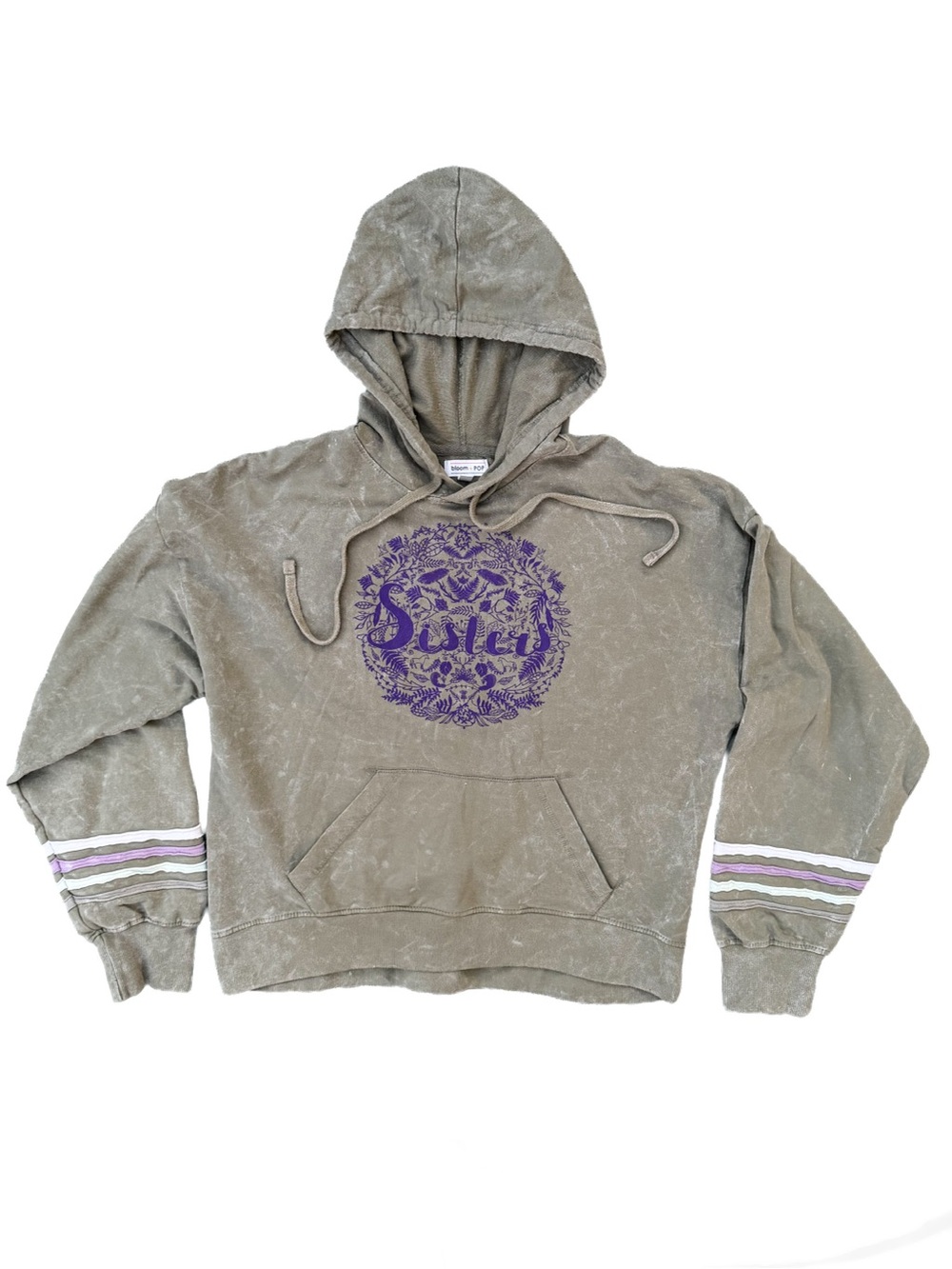 Bloom + Pop Sisters Olive Mineral Wash Graphic Hoodie Sweatshirt Size M Womens